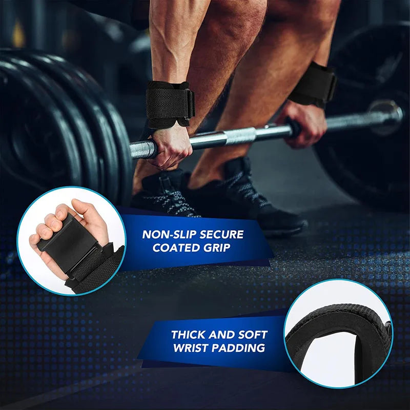 Weight Lifting Hooks or Grips with Wrist Wraps and Gym Straps