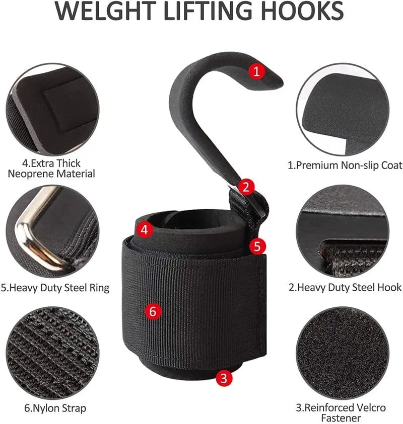 Weight Lifting Hooks or Grips with Wrist Wraps and Gym Straps